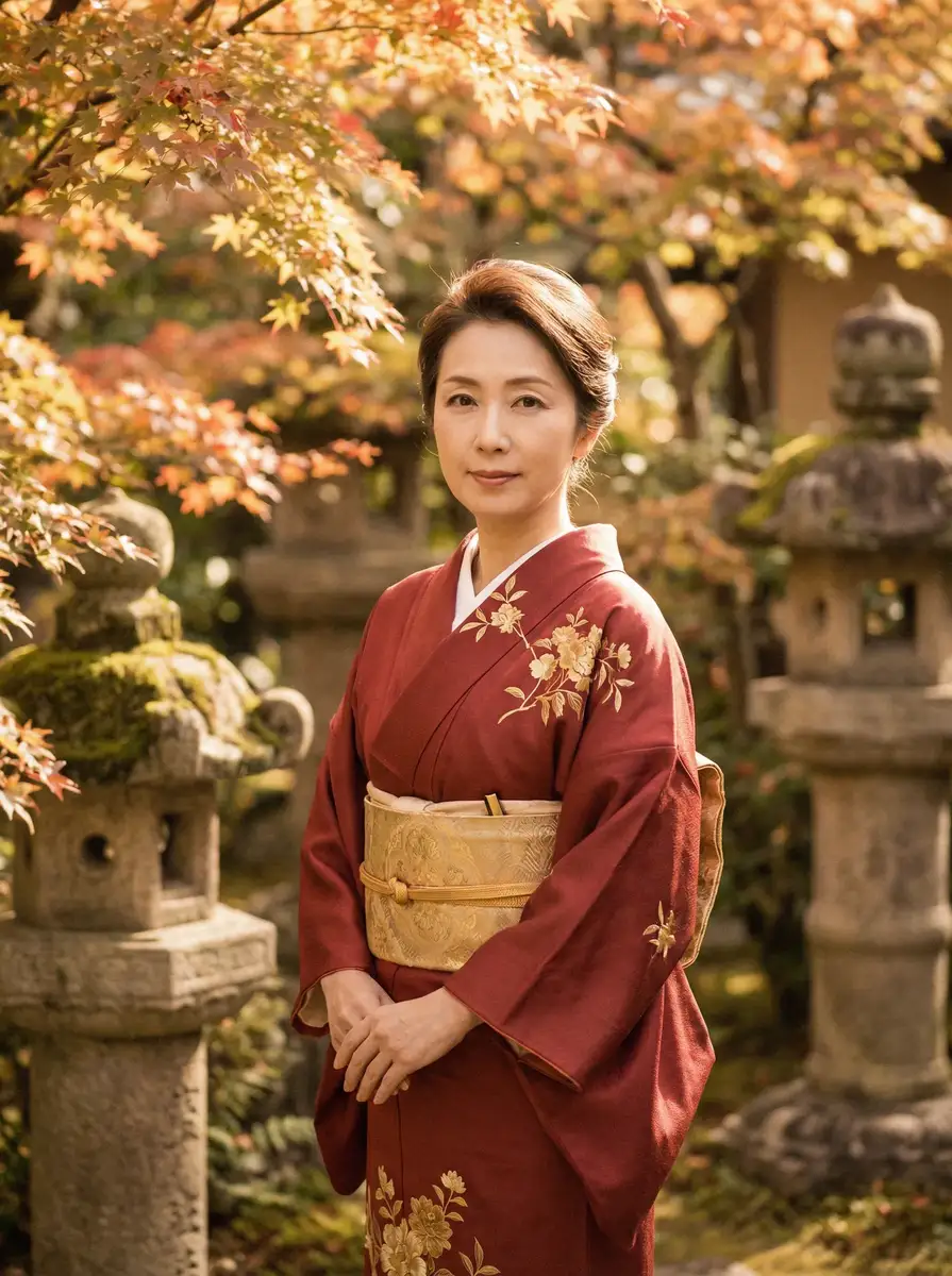 一位身穿暗红色和服的优雅 日本高清电影免费软件怎么用 在日式庭院中