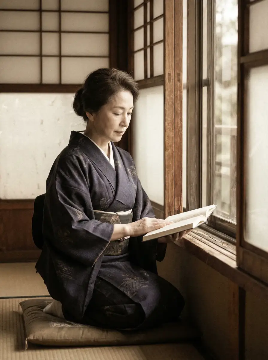 一位优雅的五十岁 日本高清电影免费软件怎么用 身穿深蓝色和服，在窗边静读